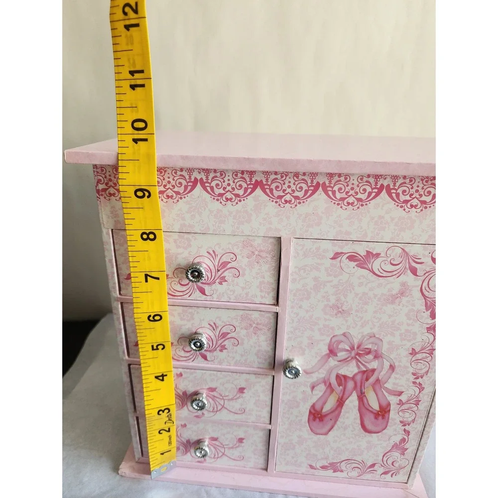 Ballerina Musical Jewelry Box Pink Damask Ballet Slippers Drawers Carousel